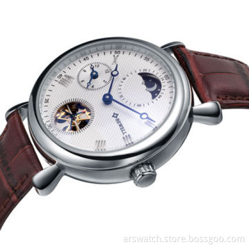 Automatic tourbilon watch for men, stainless steel case and real leather bandNew
